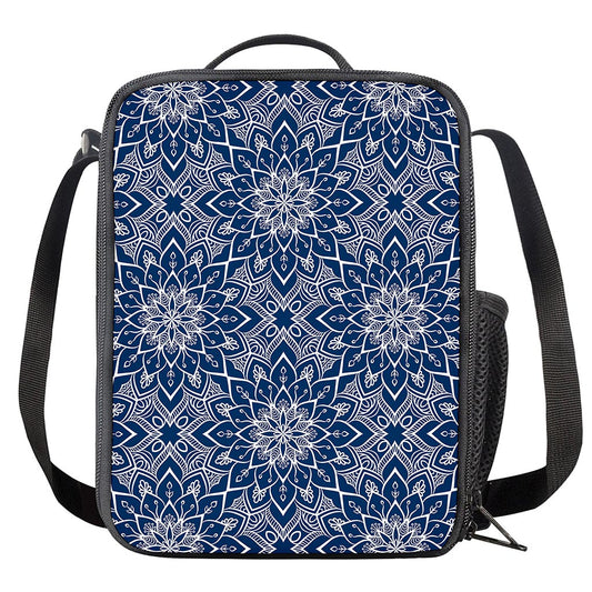 Blue And White Bohemian Mandala Print Crossbody Lunch Bag