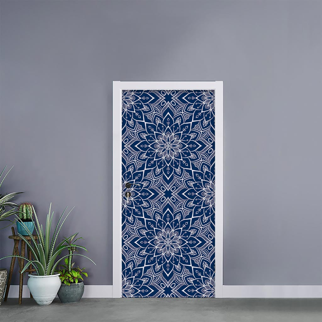 Blue And White Bohemian Mandala Print Door Sticker