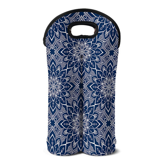 Blue And White Bohemian Mandala Print Double Neoprene Wine Tote