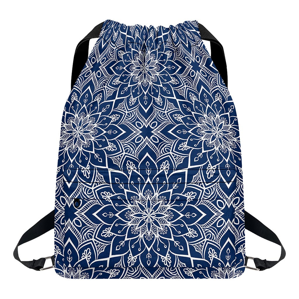 Blue And White Bohemian Mandala Print Drawstring Backpack