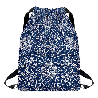 Blue And White Bohemian Mandala Print Drawstring Backpack