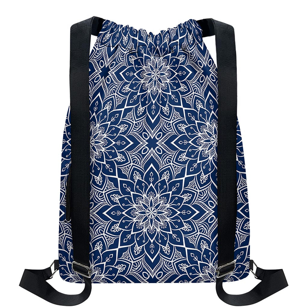 Blue And White Bohemian Mandala Print Drawstring Backpack