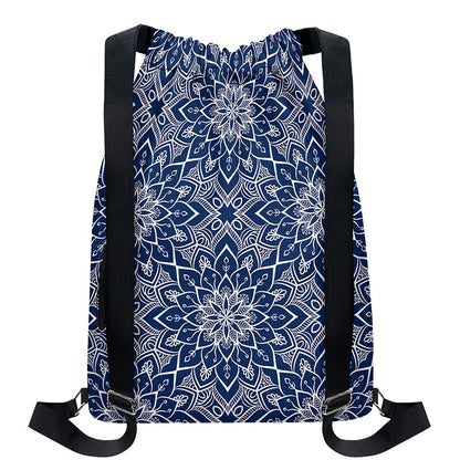 Blue And White Bohemian Mandala Print Drawstring Backpack