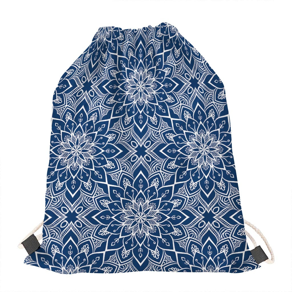 Blue And White Bohemian Mandala Print Drawstring Bag