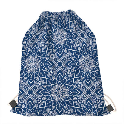 Blue And White Bohemian Mandala Print Drawstring Bag
