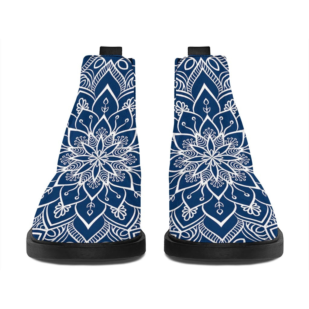 Blue And White Bohemian Mandala Print Flat Ankle Boots