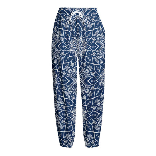 Blue And White Bohemian Mandala Print Fleece Lined Knit Pants