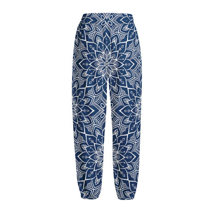 Blue And White Bohemian Mandala Print Fleece Lined Knit Pants