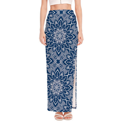 Blue And White Bohemian Mandala Print High Slit Maxi Skirt