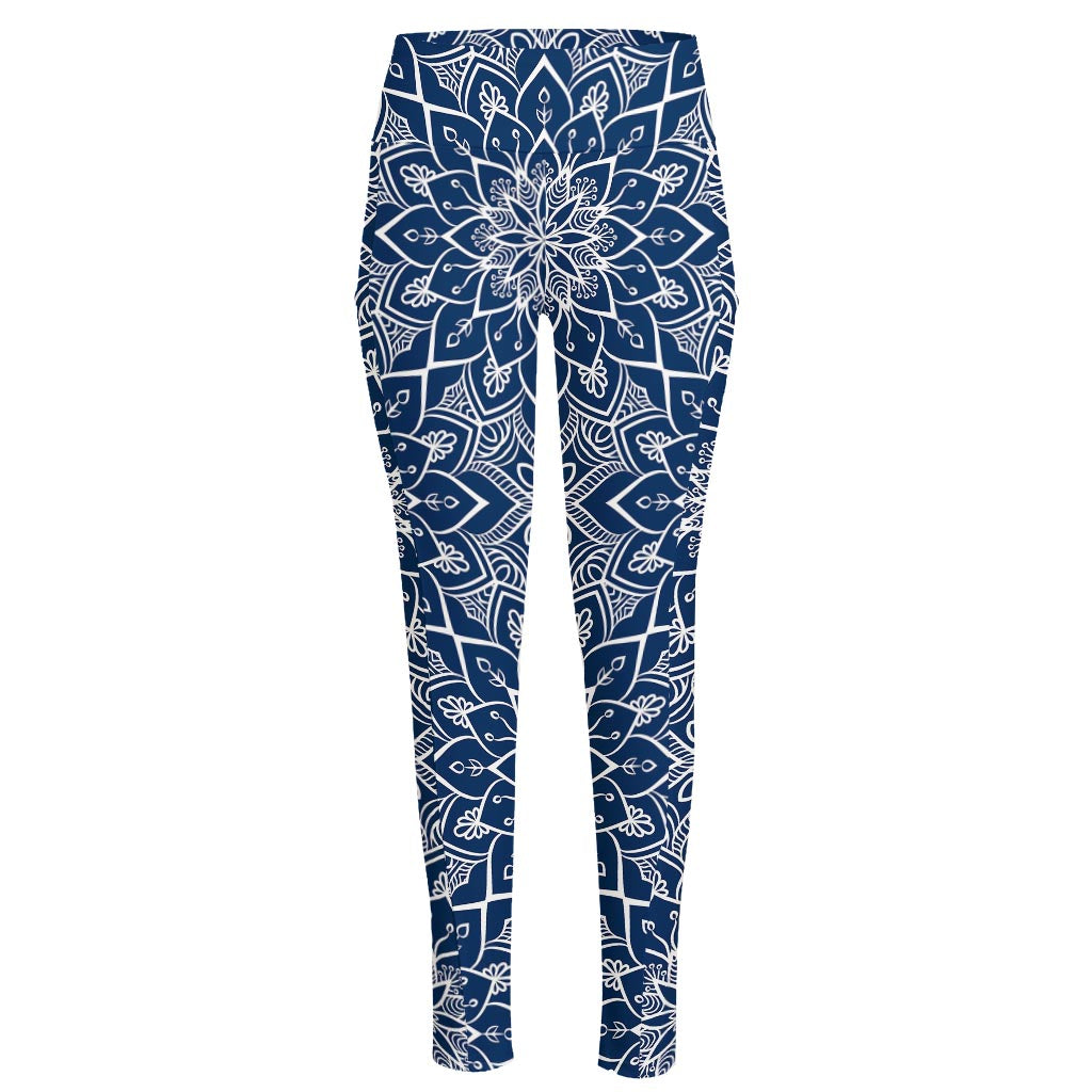 Blue And White Bohemian Mandala Print High-Waisted Pocket Leggings