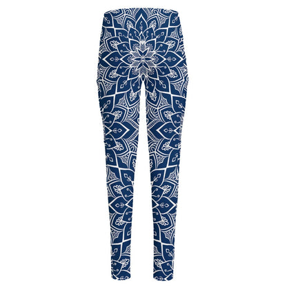 Blue And White Bohemian Mandala Print High-Waisted Pocket Leggings