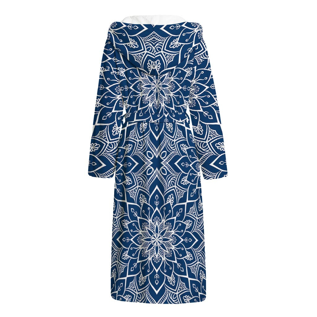Blue And White Bohemian Mandala Print Hooded Bathrobe