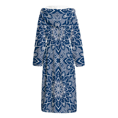 Blue And White Bohemian Mandala Print Hooded Bathrobe
