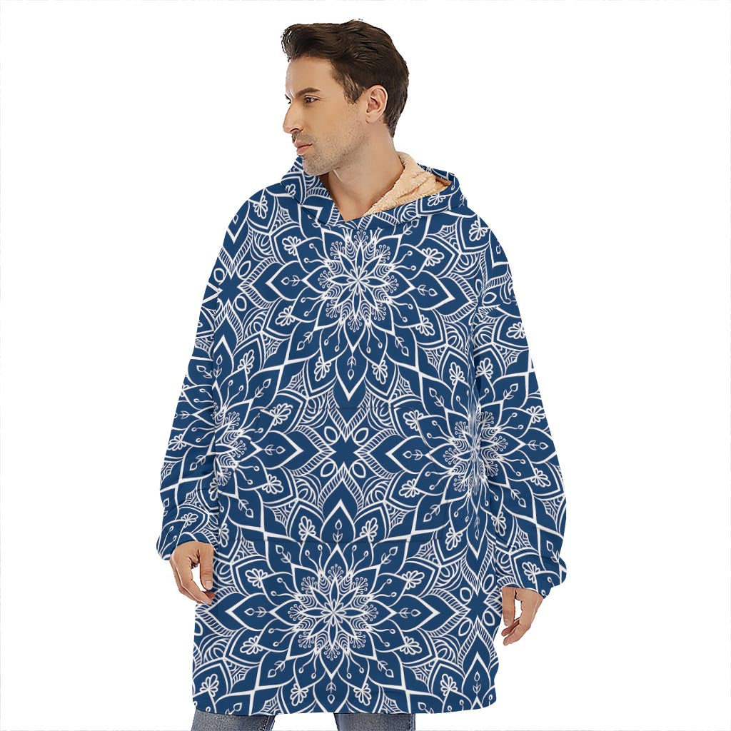 Blue And White Bohemian Mandala Print Hoodie Blanket