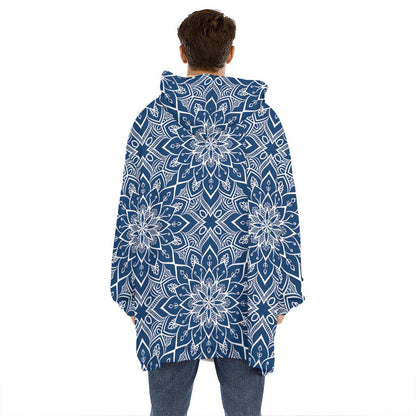 Blue And White Bohemian Mandala Print Hoodie Blanket