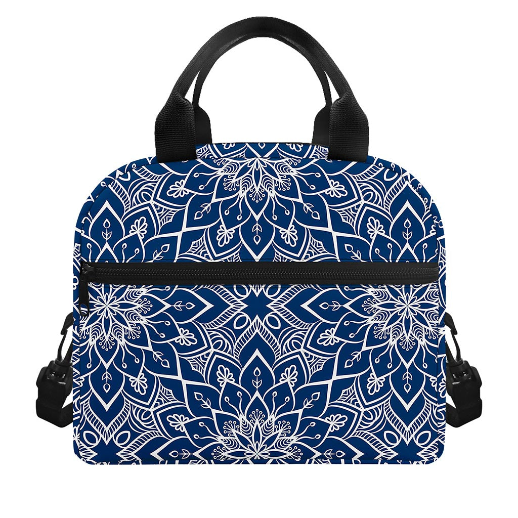 Blue And White Bohemian Mandala Print Insulated Lunch Bag