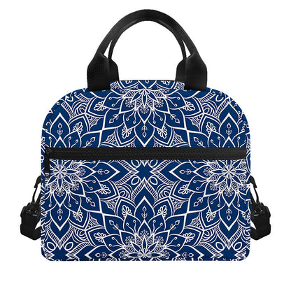 Blue And White Bohemian Mandala Print Insulated Lunch Bag