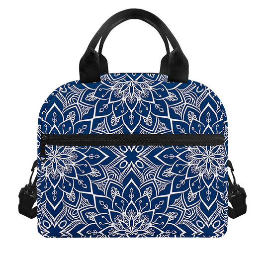 Blue And White Bohemian Mandala Print Insulated Lunch Bag