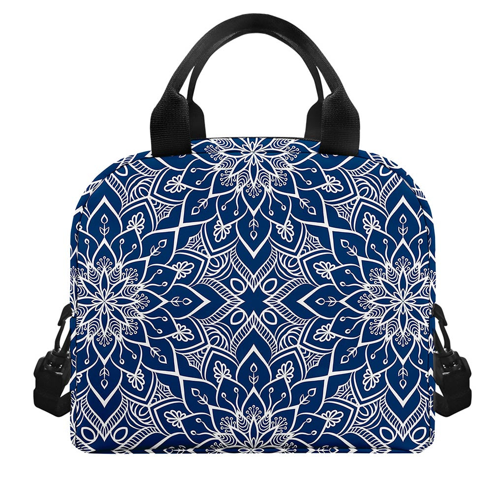 Blue And White Bohemian Mandala Print Insulated Lunch Bag