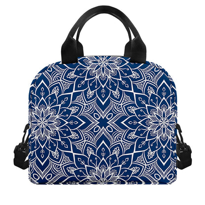 Blue And White Bohemian Mandala Print Insulated Lunch Bag