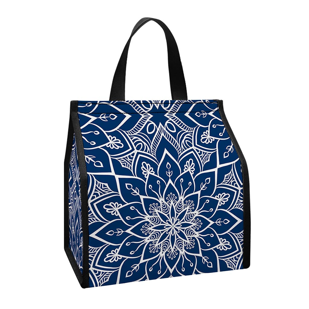 Blue And White Bohemian Mandala Print Insulated Lunch Tote