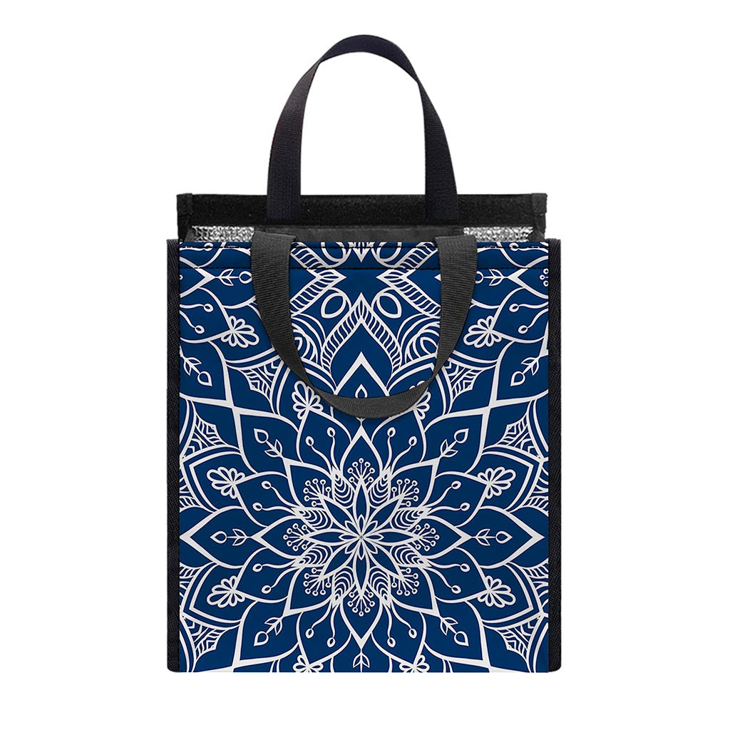Blue And White Bohemian Mandala Print Insulated Lunch Tote