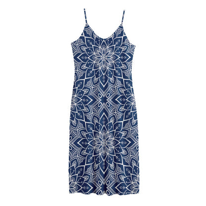 Blue And White Bohemian Mandala Print Jersey Midi Cami Dress
