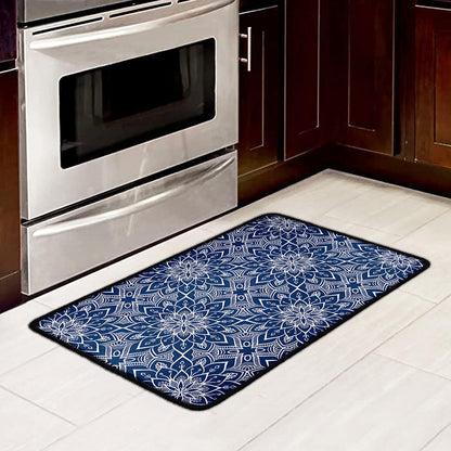 Blue And White Bohemian Mandala Print Kitchen Mat