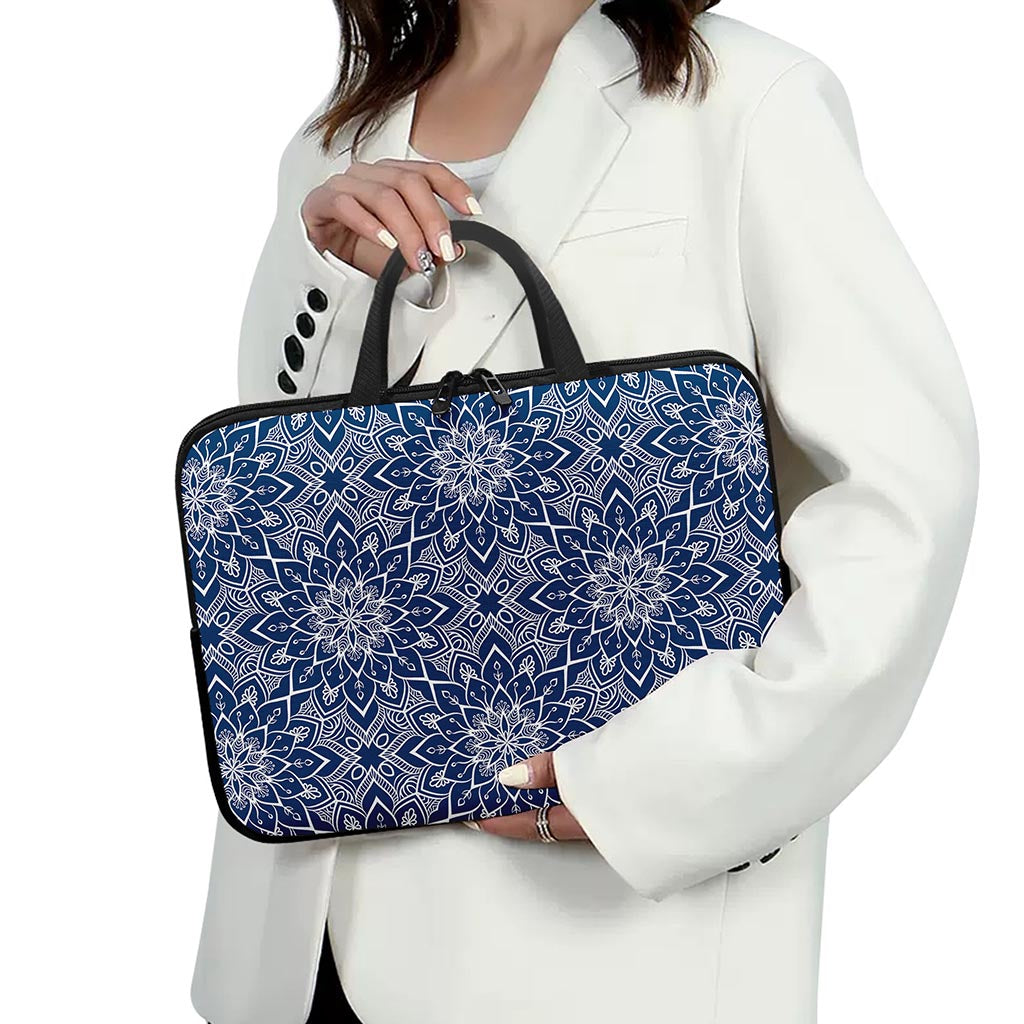 Blue And White Bohemian Mandala Print Laptop Sleeve With Handle