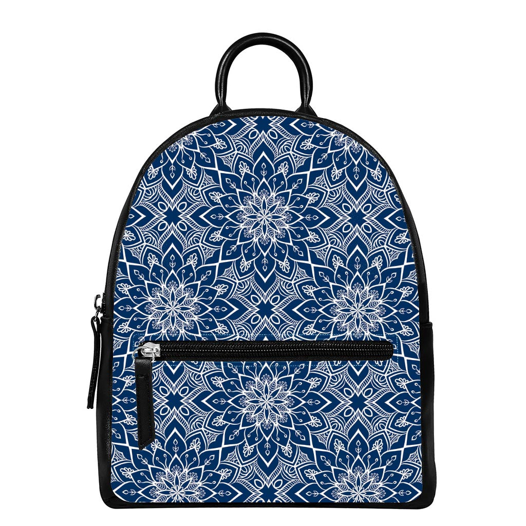 Blue And White Bohemian Mandala Print Leather Backpack