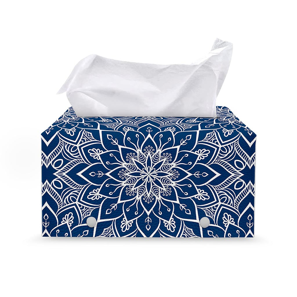 Blue And White Bohemian Mandala Print Leather Tissue Box Cover