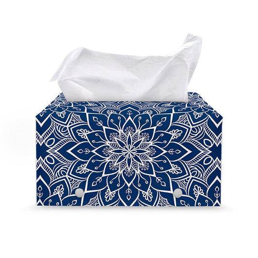 Blue And White Bohemian Mandala Print Leather Tissue Box Cover