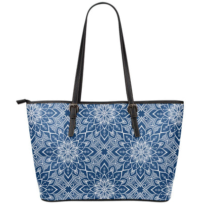 Blue And White Bohemian Mandala Print Leather Tote Bag