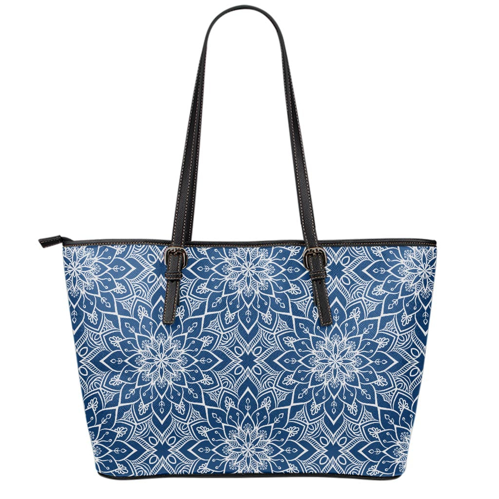 Blue And White Bohemian Mandala Print Leather Tote Bag