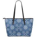 Blue And White Bohemian Mandala Print Leather Tote Bag