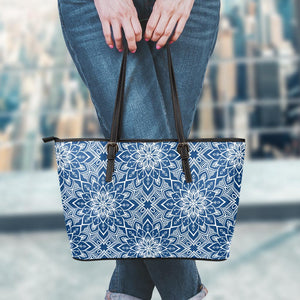 Blue And White Bohemian Mandala Print Leather Tote Bag