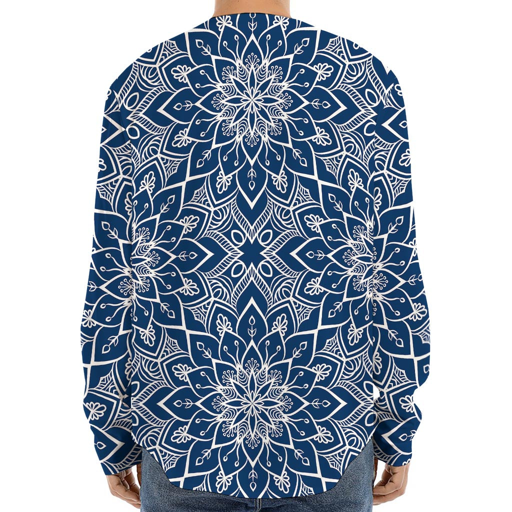 Blue And White Bohemian Mandala Print Long Sleeve Baseball Jersey