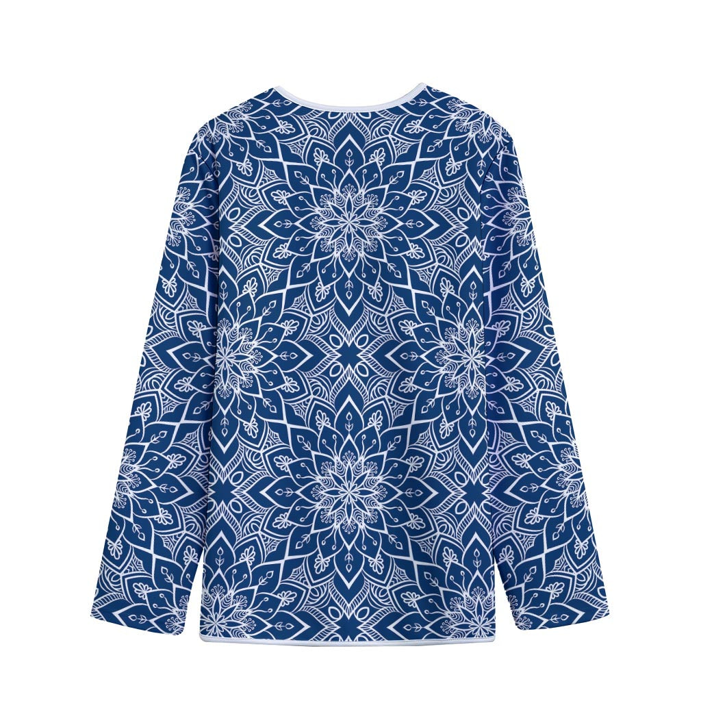 Blue And White Bohemian Mandala Print Long Sleeve Short Coat