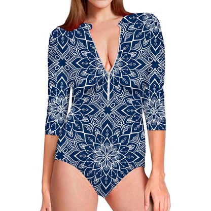 Blue And White Bohemian Mandala Print Long Sleeve Swimsuit