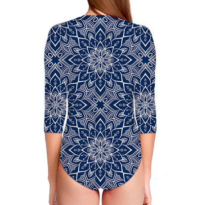 Blue And White Bohemian Mandala Print Long Sleeve Swimsuit