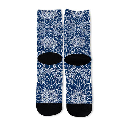 Blue And White Bohemian Mandala Print Long Socks