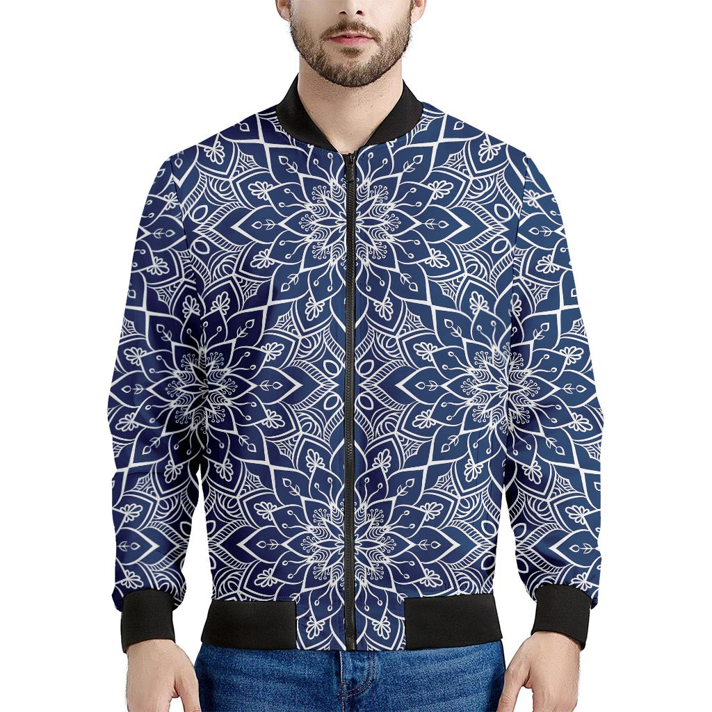 Blue And White Bohemian Mandala Print Men's Bomber Jacket