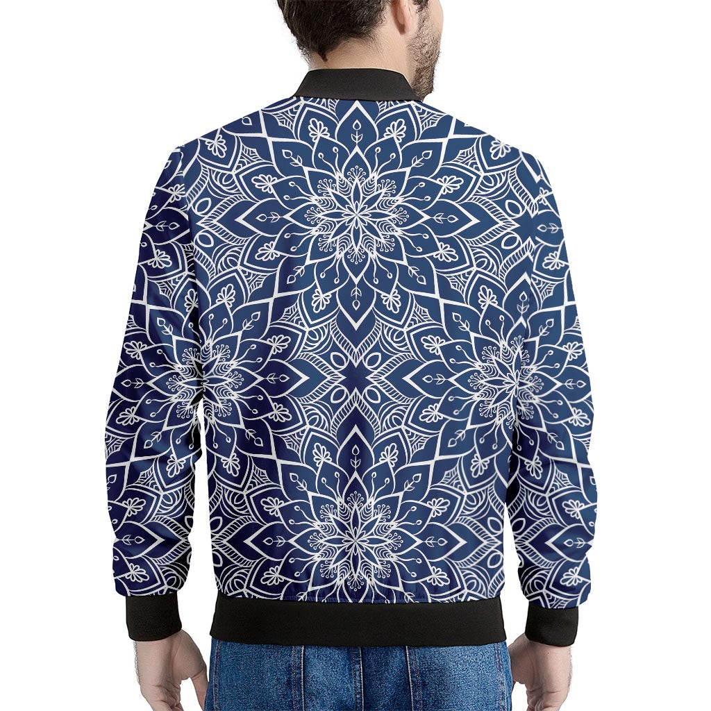 Blue And White Bohemian Mandala Print Men's Bomber Jacket