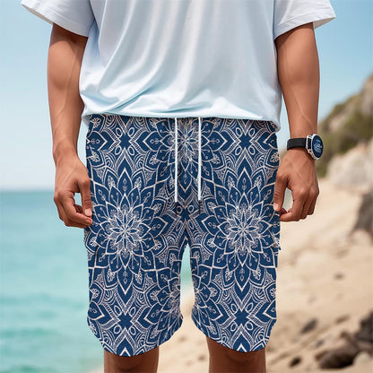 Blue And White Bohemian Mandala Print Men's Cargo Shorts
