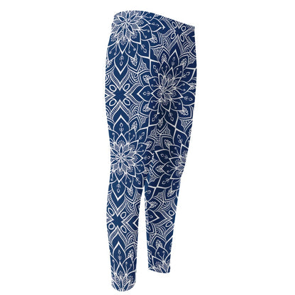 Blue And White Bohemian Mandala Print Men's Compression Pants