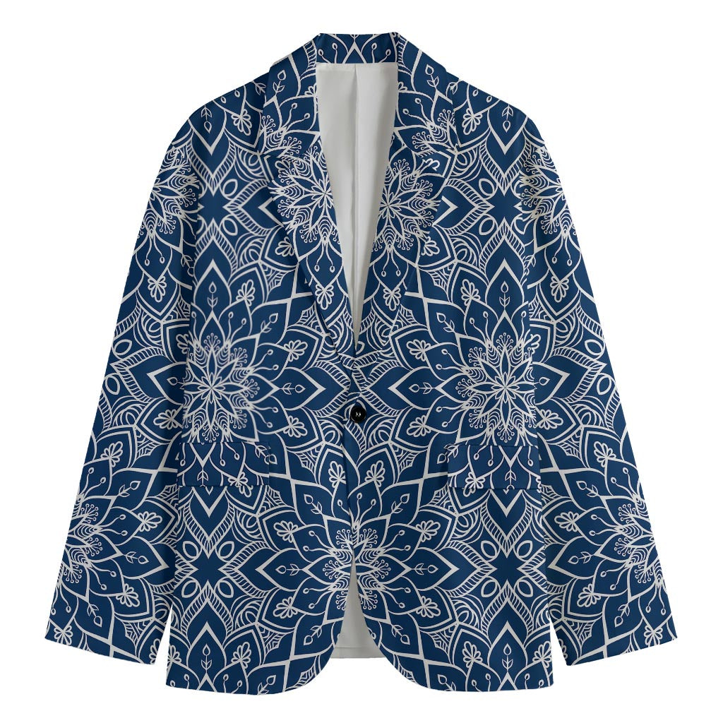 Blue And White Bohemian Mandala Print Men's Cotton Blazer