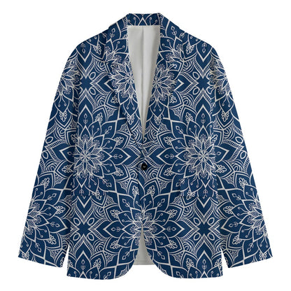 Blue And White Bohemian Mandala Print Men's Cotton Blazer