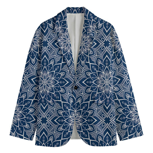 Blue And White Bohemian Mandala Print Men's Cotton Blazer