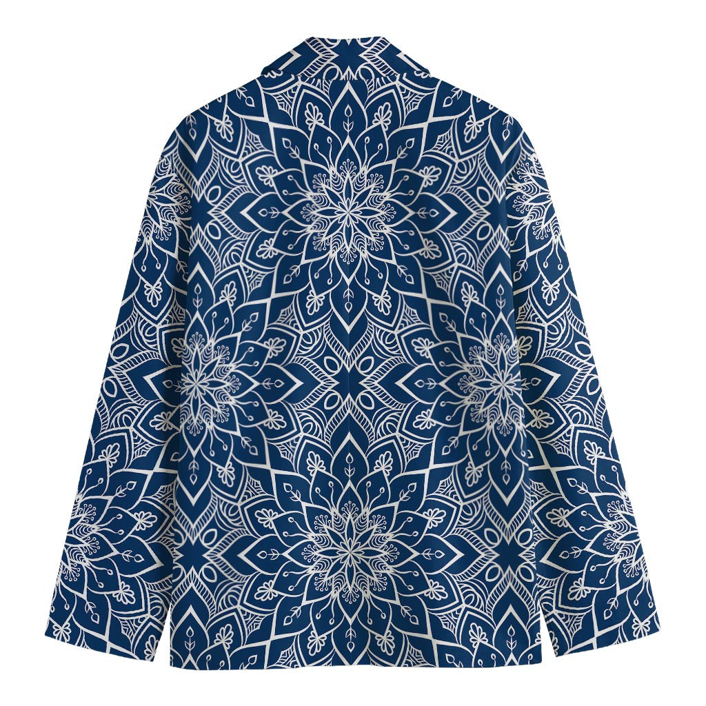 Blue And White Bohemian Mandala Print Men's Cotton Blazer