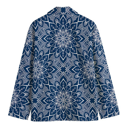 Blue And White Bohemian Mandala Print Men's Cotton Blazer